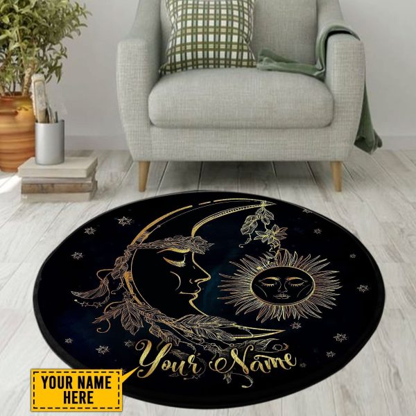 Hippie Sun & Moon Custom Name Round Rug Carpet Washable Rugs