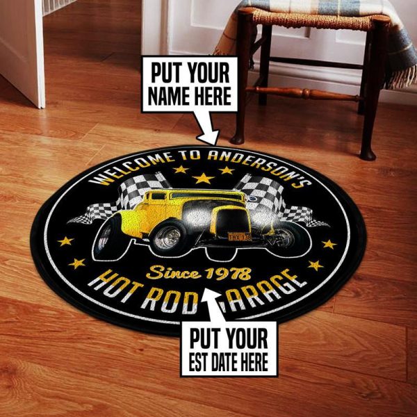 Personalized American Graffiti Milner Couple Hotrod Garage Living Room Round Mat Circle Rug - Image 2