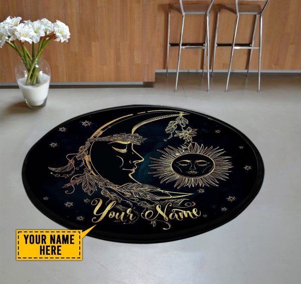 Hippie Sun & Moon Custom Name Round Rug Carpet Washable Rugs - Image 2