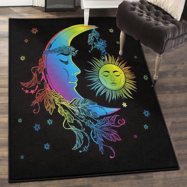 Flowers Rugs Sun Moon Colorful Rug Rectangle Rugs Washable Area Rug Non-Slip Carpet For Living Room Bedroom