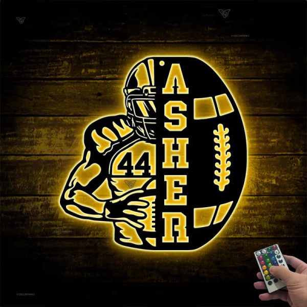 Custom American Football Metal Wall Art With Led Lights, Personalized